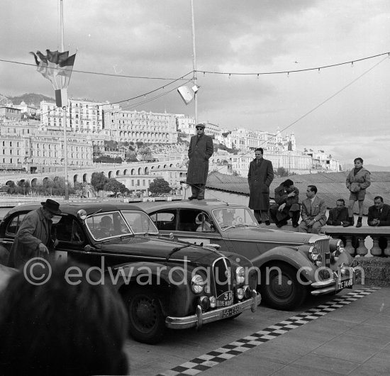 N° 314 Worms / Mouche on Hotchkiss and N° 211 Vard / Tivey on Jaguar MK V taking part in the regularity speed test on the circuit of the Monaco Grand Prix. Rallye Monte Carlo 1951. - Photo by Edward Quinn