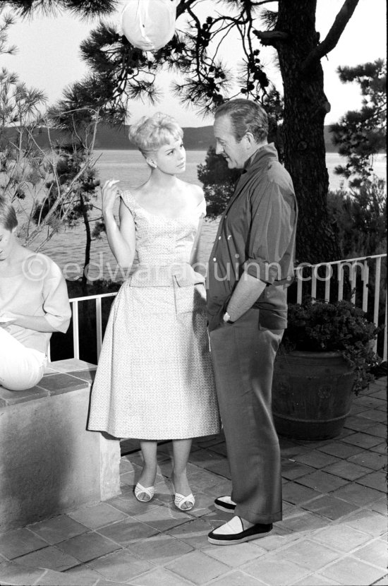 Mylène Demongot (as Elsa Mackenbourg) and David Niven (as Raymond) during the filming of "Bonjour tristesse", Le Lavandou 1957. - Photo by Edward Quinn