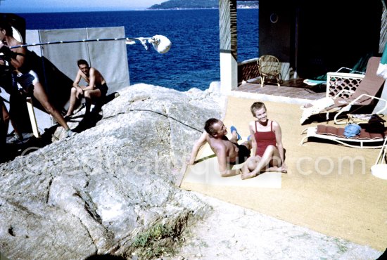 Jean Seberg (as Cécile) and David Niven (as Raymond) at Le Lavandou for the shooting of "Bonjour Tristesse" in 1957. - Photo by Edward Quinn