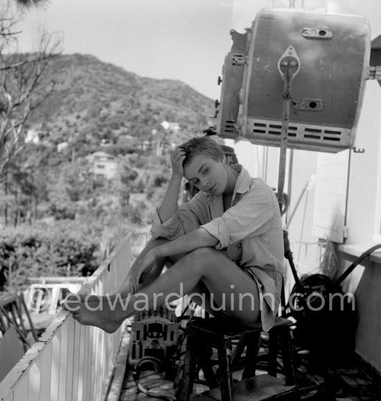 Jean Seberg, one of the principal actors (as Cécile) at Le Lavandou for the shooting of "Bonjour Tristesse", film by Otto Preminger. Relaxing on the camera man’s chair. Le Lavandou 1957. - Photo by Edward Quinn