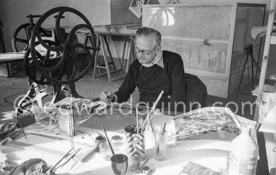 Graham Sutherland working on etching "Primitive Hive" at his La Villa Blanche. Menton 1974. - Photo by Edward Quinn