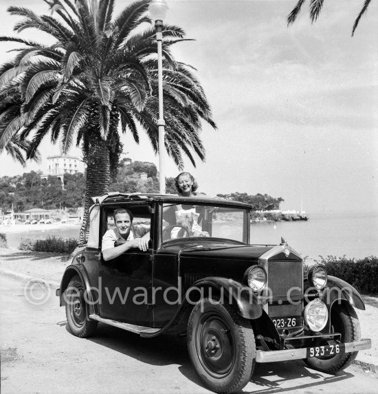 John Van Dreelen and his wife. Actor in Film "Nous irons à Monte-Carlo" ("Monte Carlo Baby") with Audrey Hepburn. Monaco 1951. Car: Quinn\'s Mathis Type PYC 1931 or 1932 cabriolet - Photo by Edward Quinn
