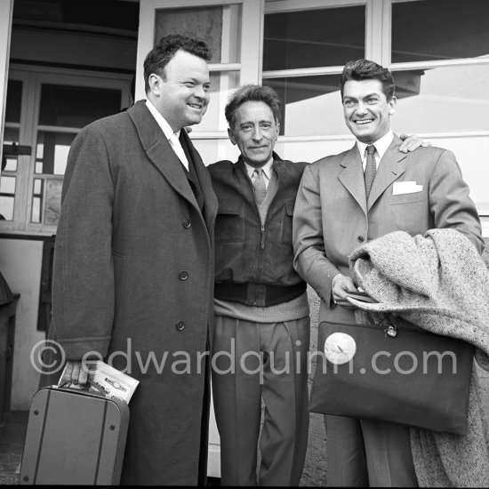 Jean Cocteau, Orson Welles, Jean Marais. Nice Airport 1952. - Photo by Edward Quinn