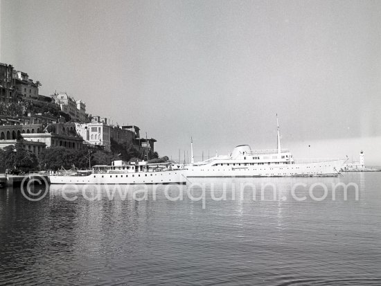 Yachts Christina and Olnico. Monaco harbor 1955. - Photo by Edward Quinn