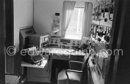 Radio officer\'s room on board Onassis\' yacht Christina. Monaco harbor 1955. - Photo by Edward Quinn