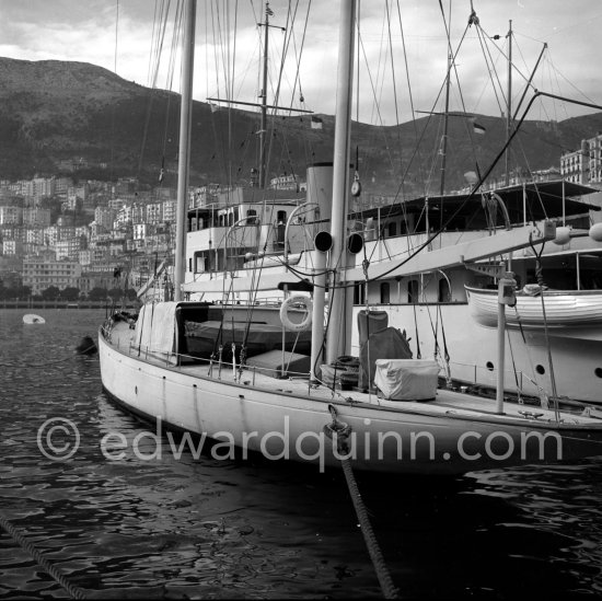 Deo Juvante sailing boat owned by Prince Rainier. Behind it La Gaviota, very rich Chilean named Arturo Lopez-Wilshaw’s yacht, purchased in 1950. Monaco harbor, 1954. - Photo by Edward Quinn