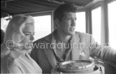 Diana Dors and Tommy Yeardye, stuntman, her boyfriend, on U.S.S. Waller. Cannes 1957. - Photo by Edward Quinn