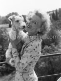 Lilian Harvey, actress, on the terrace of her mansion in Juan-les-Pins in 1953 with Chicky, one of her Lakeland Terriers. - Photo by Edward Quinn