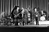 Coleman Hawkins (ts), Roy Eldridge (t), Hubert Rostaing (cl), Lou Levy (p), Arvell Shaw (b), J.C. Heard (d). Jazz Festival Cannes 1958. - Photo by Edward Quinn