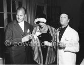 Georges Simenon, Curd Jürgens and Eva Bartok. Cannes Film Festival 1957. - Photo by Edward Quinn