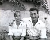 Simone Signoret, French actress often hailed as one of France’s greatest movie stars, on her wedding in 1951 to actor and singer Yves Montand. At the same restaurant Colombe d’Or, Saint-Paul-de-Vence, where their romance began. - Photo by Edward Quinn