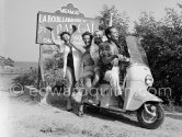 Georges Guétary and Gisèle Pascal (second from left), girlfriend of Prince Rainier, in Francis Lopez operette "La Route fleurie". Cannes 1953. Moto: Bernardet scooter - Photo by Edward Quinn