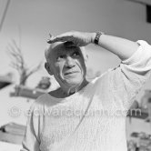 Portrait of Pablo Picasso in white pullover at his studio Le Fournas. Vallauris 1953.