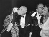 Pablo Picasso, Jacqueline, film director Henri-Georges Clouzot and his wife Vera attending the showing of "Le mystère Picasso". Cannes Film Festival 1956. - Photo by Edward Quinn