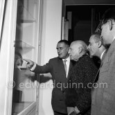 Pablo Picasso and Henri Matarasso at a private viewing of his book illustrations in the Matarasso gallery in Nice. "Pablo Picasso. Un Demi-Siècle de Livres Illustrés". Galerie H. Matarasso. 21.12.1956-31.1.1957. Nice 1956. - Photo by Edward Quinn