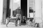 Pablo Picasso at Christmas with Esmeralda and boxer dog Jan. La Californie, Cannes 1956. - Photo by Edward Quinn