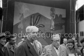 from left Georges Salles, President of the ICOM (left) and Henri Laugier, Member of the Executive committee of the UNESCO. Unvealing of the mural "The Fall of Icarus" ("La chute d'Icare") for the conference hall of UNESCO building in Paris. Vallauris, 29 March 1958. from left Georges Salles, President of the ICOM (left) and Henri Laugier, Member of the Executive committee of the UNESCO. Unveiling of mural "The Fall of Icarus" ("La chute d'Icare") for the conference hall of UNESCO building in Paris. The mural is made up of forty wooden panels. Initially titled "The Forces of Life and the Spirit Triumphing over Evil", the composition was renamed in 1958 by George Salles, who preferred the current title, "The Fall of Icarus" ("La chute d'Icare"). Vallauris, 29 March 1958. - Photo by Edward Quinn