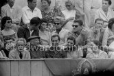 At the bullfight from left: Jean Cocteau, Pablo Picasso, Luis Miguel Dominguin (spectator because of injuries), Lucia Bosè, Jacqueline. Second row Pablo Picasso’s chauffeur Jeannot, Catherine Hutin. Corrida des vendanges. Arles 1959. - Photo by Edward Quinn