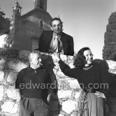Jacques Prévert, Canadian film star Deanna Durbin and husband Charles-Henri David. Saint-Paul-de-Vence 1951. - Photo by Edward Quinn