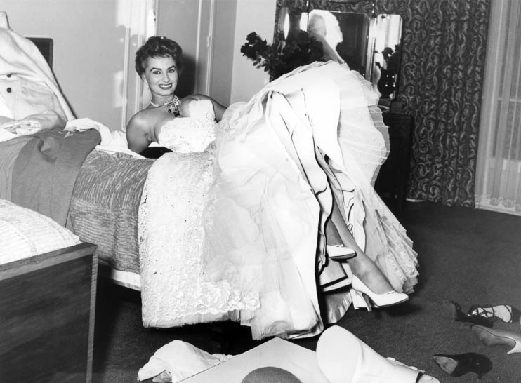 Sophia Loren wearing an evening gown designed by Emilio Schuberth. Cannes 1955.