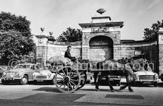 Horse and cart. Dublin 1963. Car (left) Rover P4 "Auntie" - Photo by Edward Quinn