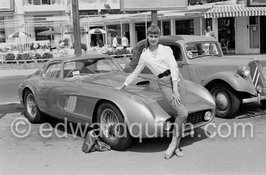 Famous car, not so famous star. Mona Arvidsson, Swedish fashion model and the Ferrari that was a present of Rossellini to his wife Ingrid Bergman. But she was\'t too fond of the car and the Ferrari was soon sold. Cannes 1957. Car: Ferrari 375 MM (0456 AM) 1955 Coupé Pininfarina - Photo by Edward Quinn