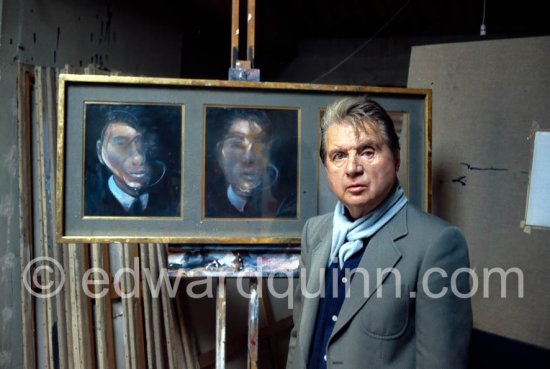 Francis Bacon is part of triptych with self-portraits at his Reece Mews studio in London 1980. - Photo by Edward Quinn