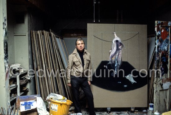 Francis Bacon with the painting "Carcass of Meat and Bird of Prey" at his Reece Mews studio in London 1980. - Photo by Edward Quinn