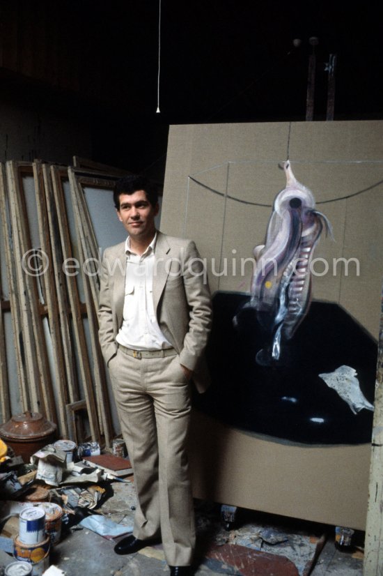 John Edwards with the painting "Carcass of Meat and Bird of Prey" at Francis Bacon's Reece Mews studio in London 1980. - Photo by Edward Quinn