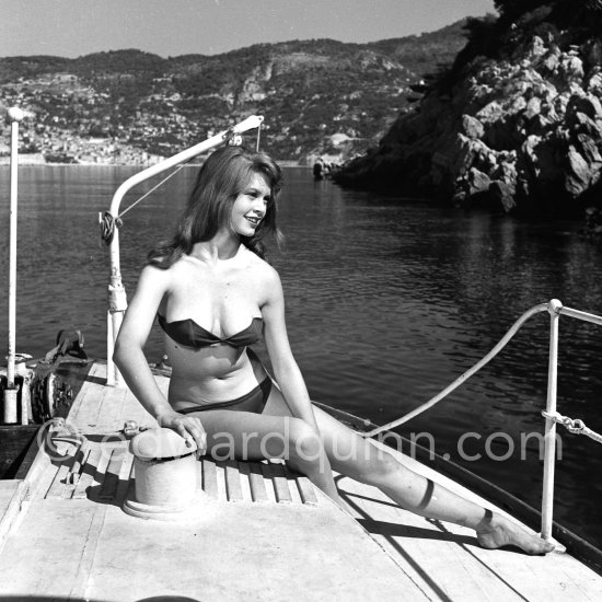 Brigitte Bardot during filming of Manina, la fille sans voiles on the  yacht Suraya. Villefranche harbor 1952.