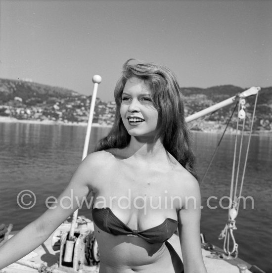 Brigitte Bardot during filming of "Manina, la fille sans voiles" on the yacht Suraya. Villefranche harbor 1952. - Photo by Edward Quinn