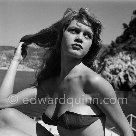 Brigitte Bardot during filming of "Manina, la fille sans voiles" on the yacht Suraya. Villefranche harbor 1952. - Photo by Edward Quinn