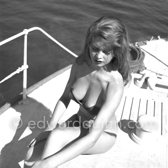 Brigitte Bardot during filming of Manina, la fille sans voiles on the  yacht Suraya. Villefranche harbor 1952.
