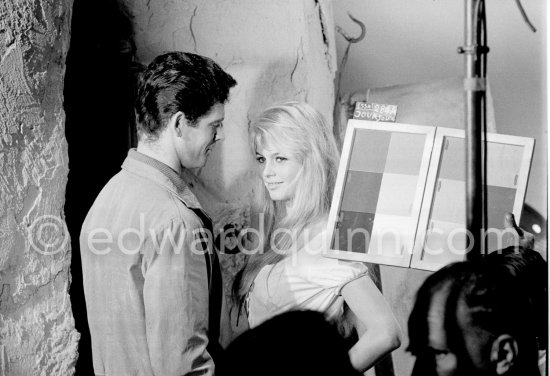 Brigitte Bardot and Stephen Boyd during the shooting of "Les Bijoutiers du clair de lune" ("The Night Heaven Fell"), on the grounds of the Studios de la Victorine in Nice. Directing was Brigitte’s ex-husband Roger Vadim. Nice 1958. - Photo by Edward Quinn