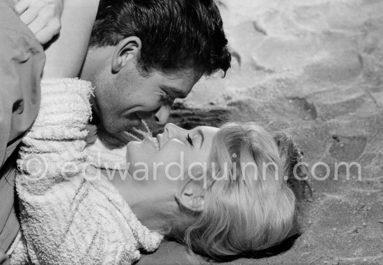 Brigitte Bardot and Stephen Boyd during filming of "Les bijoutiers du clair de lune" ("The Night Heaven Fell"). Studios de la Victorine, Nice 1958. - Photo by Edward Quinn