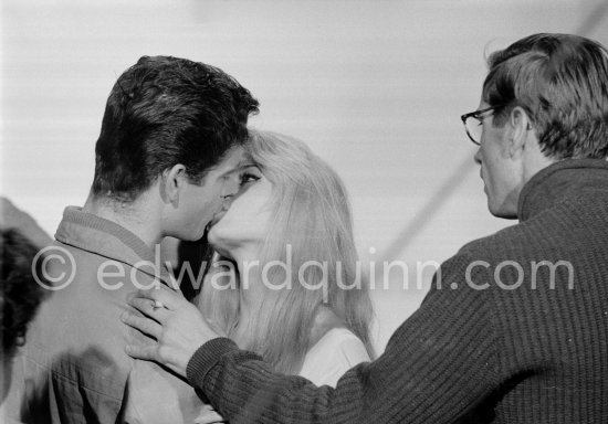 Brigitte Bardot and Stephen Boyd during filming of "Les bijoutiers du clair de lune" ("The Night Heaven Fell"). On the right: director Roger Vadim. Studios de la Victorine, Nice 1958. - Photo by Edward Quinn