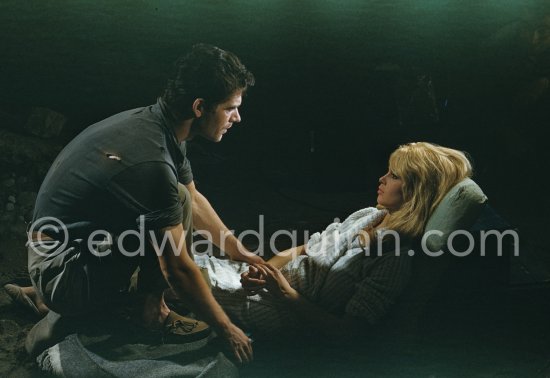 Brigitte Bardot and Stephen Boyd during filming of "Les bijoutiers du clair de lune" ("The Night Heaven Fell"). Studios de la Victorine, Nice 1958. - Photo by Edward Quinn