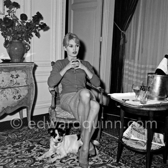 Brigitte Bardot with her mixed breed Guapa at the Hotel Negresco. Nice 1958. - Photo by Edward Quinn