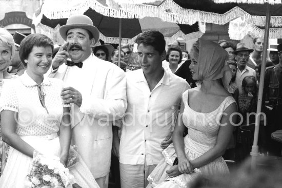 Brigitte Bardot and Sacha Distel with Jazz musician "Moustache" and his wife at their wedding. Antibes 1958. - Photo by Edward Quinn