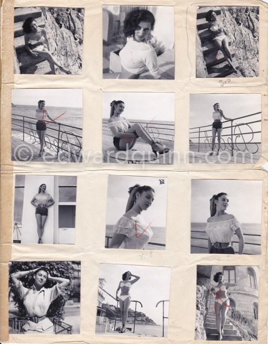 Myriam Bru, "Miss Cannes" and "Miss Côte d’Azur 1950", who later married German actor Horst Buchholz and became fashion model agent. Probably Juan-les-Pins 1951. Contact prints. Photos from original negatives available. - Photo by Edward Quinn