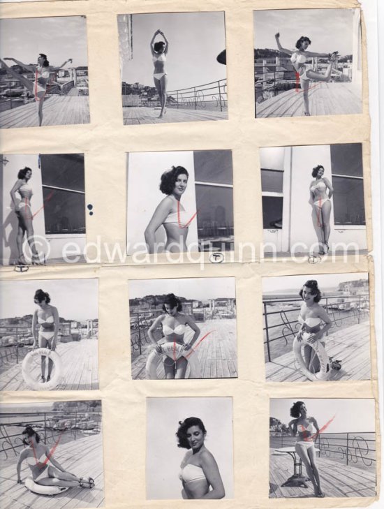 Myriam Bru, "Miss Cannes" and "Miss Côte d’Azur 1950", who later married German actor Horst Buchholz and became fashion model agent. Probably Juan-les-Pins 1951. Contact prints. Photos from original negatives available. - Photo by Edward Quinn