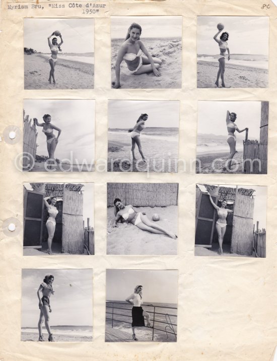 Myriam Bru, "Miss Cannes" and "Miss Côte d’Azur 1950", who later married German actor Horst Buchholz and became fashion model agent. Probably Juan-les-Pins 1951. Contact prints. Photos from original negatives available. - Photo by Edward Quinn