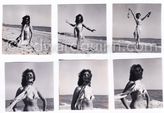 Myriam Bru, "Miss Cannes" and "Miss Côte d’Azur 1950", who later married German actor Horst Buchholz and became fashion model agent. Probably Juan-les-Pins 1951. Contact prints. Photos from original negatives available. - Photo by Edward Quinn