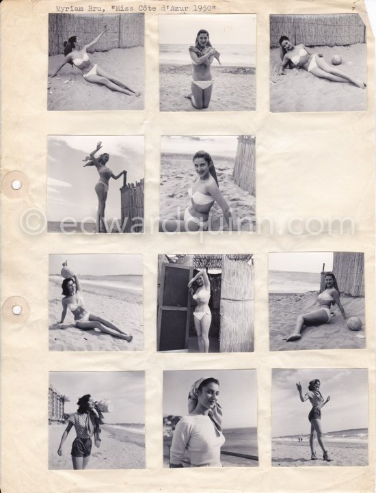 Myriam Bru, "Miss Cannes" and "Miss Côte d’Azur 1950", who later married German actor Horst Buchholz and became fashion model agent. Probably Juan-les-Pins 1951. Contact prints. Photos from original negatives available. - Photo by Edward Quinn