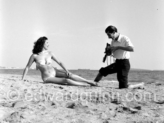 Edward Quinn photographs beauty queen and model Myriam Bru, "Miss Cannes" and "Miss Côte d’Azur", who later married German actor Horst Buchholz and became fashion model agent. Juan-les-Pins 1951. - Photo by Edward Quinn