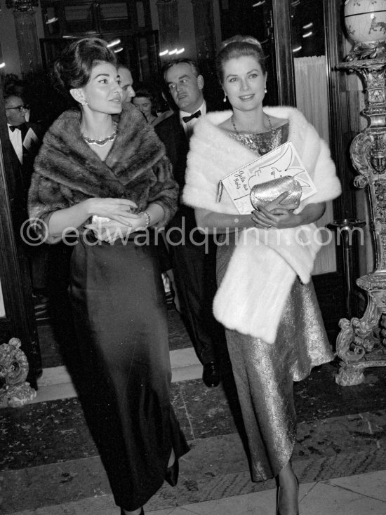 Maria Callas and Princess Grace of Monaco, Prince Rainier of Monaco in background, leaving the Gala des Rois, a charity gala for refugees organized by Prince Sadruddin Khan. Program cover designed by Jean Cocteau. Hotel de Paris, Monaco 1963. - Photo by Edward Quinn