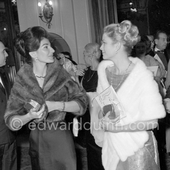 Maria Callas and Princess Grace of Monaco leaving the "Gala des Rois", a charity gala for refugees organized by Prince Sadruddin Khan. Hotel de Paris, Monaco 1963. - Photo by Edward Quinn