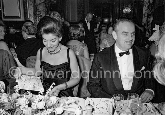 Maria Callas and Prince Rainier of Monaco at the Gala des Rois, a charity gala for refugees organized by Prince Sadruddin Khan. Program cover designed by Jean Cocteau. Hotel de Paris, Monaco 1963. - Photo by Edward Quinn