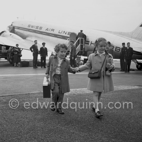 Victoria and Eugene, children of Charlie Chaplin and his wife Oona O\'Neill, arriving at Nice Airport 1957. - Photo by Edward Quinn