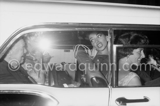 Out for an evening in Monte Carlo, driven by Aristotle Onassis, Sir Winston Churchill (extreme left) converses with Maria Callas (centre). On the right Eugenie Niarchos, sister of Tina Onassis. Monte Carlo 1959. - Photo by Edward Quinn